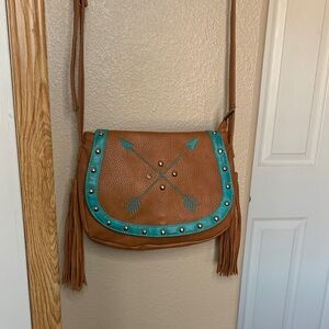 Western Arrow-Embellished Tan and Turquoise Crossbody Bag